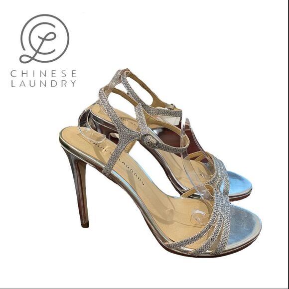 Chinese Laundry Women's Silver Sparkle Strappy Ankle Strap Heels 11 - Picture 1 of 4